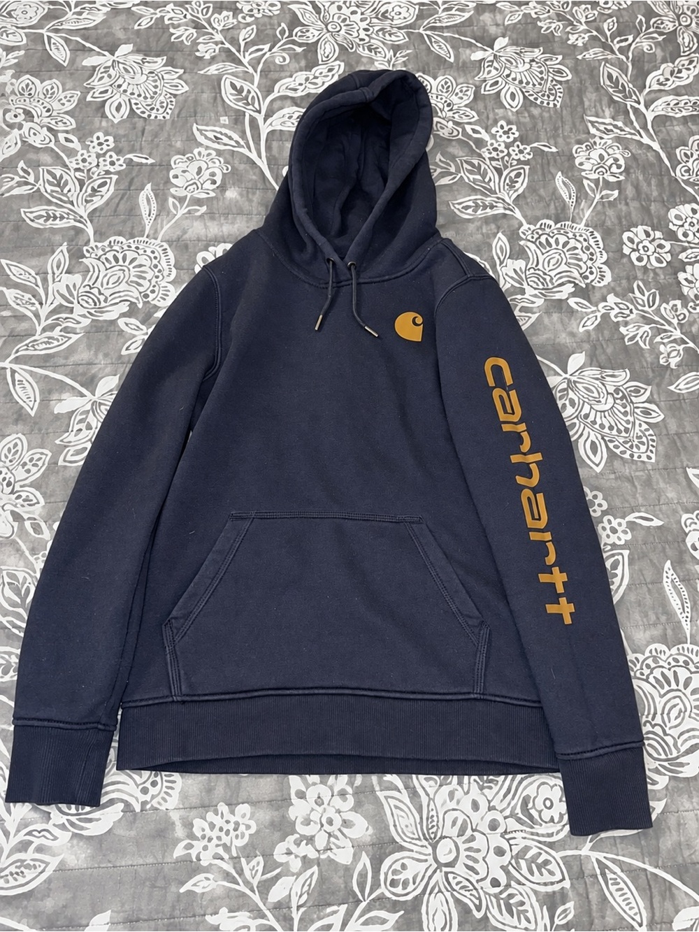 Carhartt Navy Pullover Hoodie with Gold Sleeve Logo